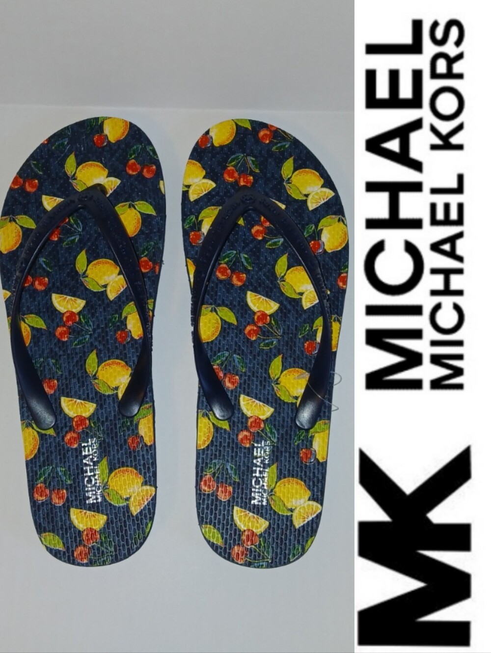 🍋 Michael Kors Lemon & Cherry Print Flip Flops, Navy